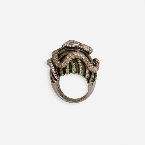 Diamond and gem-set snake ring