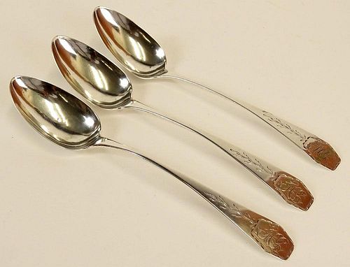 Three (3) Coin Silver Serving Spoons with Bright Cut Design