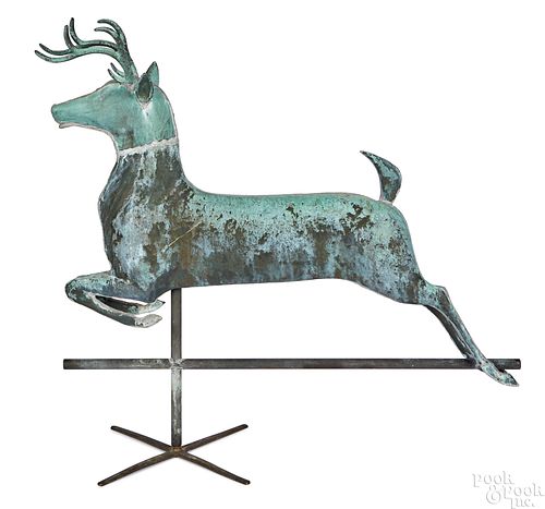 Full bodied copper leaping stag weathervane