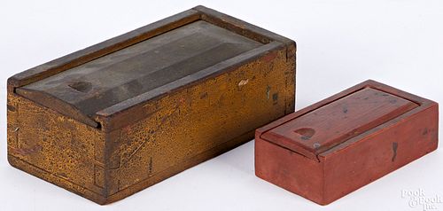 Two painted slide lid boxes