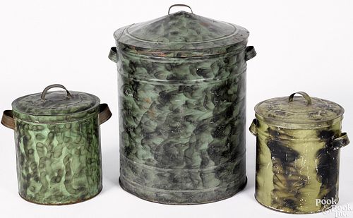 Three green smoke decorated tin bins