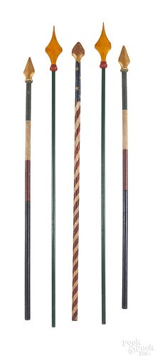 Five painted wood Oddfellows or lodge staffs