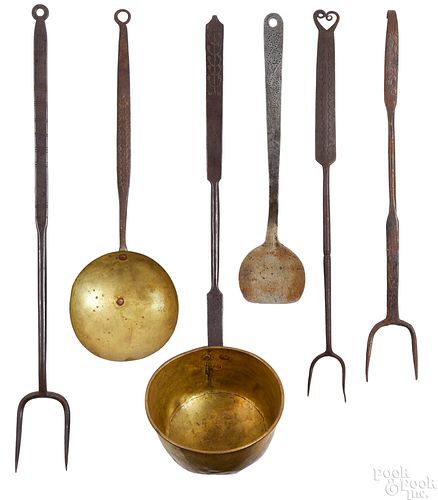 Six Pennsylvania wrought iron and brass utensils