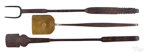 Three wrought iron and brass utensils