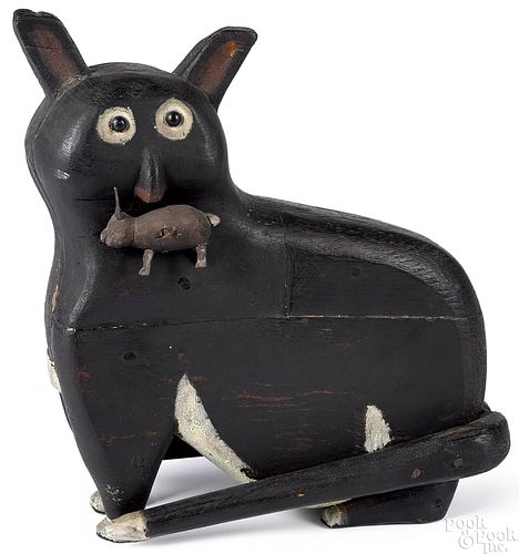 Folk art carved and painted cat and rabbit