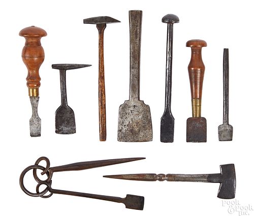 Wrought iron button hole cutters and hammers