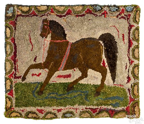 American hooked rug of a trotting horse