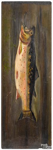 Pair of oil on panel works of a trout and a rabbi