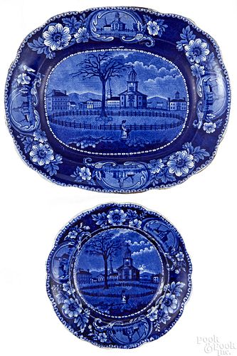Historical blue Staffordshire platter and plate
