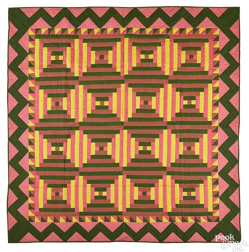 Pieced sunshine and shadow log cabin quilt