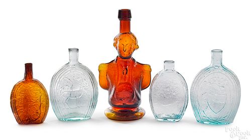 Four historic glass flasks, etc.
