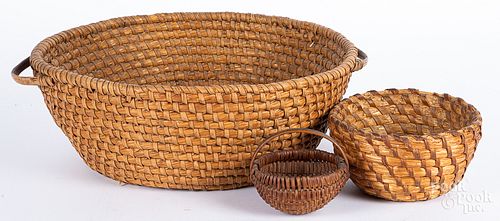 Rye straw basket with bentwood handles, etc.