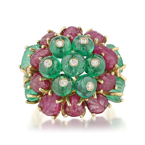 Giovane Ruby Emerald and Diamond Flower Ring, Italian