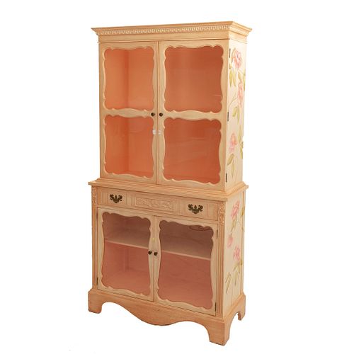 Cabinet. 20th century. Carved in wood. Peach-colored. With drawer and 4 hinged doors with glass. 72 x 37 x 15.7" (183 x 94 x 40 cm)