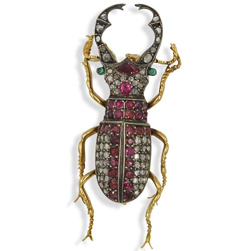 18k Gold, Diamond and Ruby Beetle Brooch