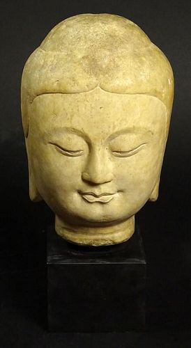 20th Century Asian Cast Plaster Buddha Head on Marble Base