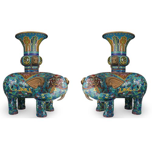 Pair of Large Chinese Cloisonne Elephant Vases
