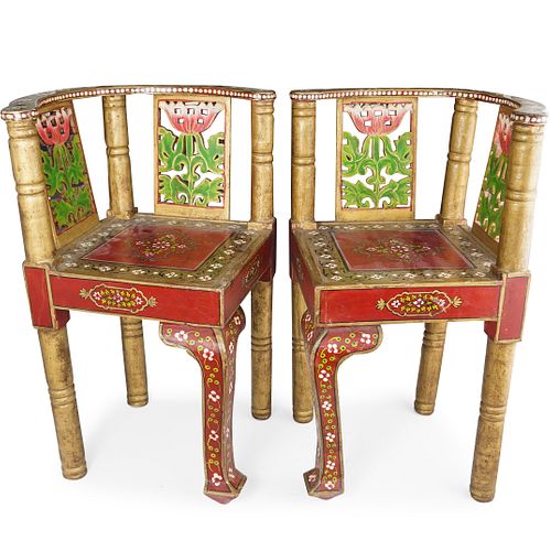 (2 Pc) Oriental Painted Wood Chairs