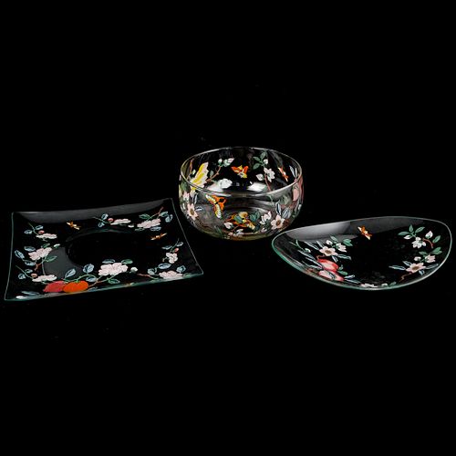 (3 Pc) French Floral Painted Glass Dishes