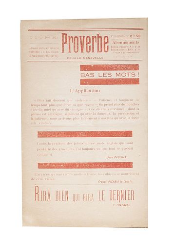 Proverbe. Feuille Mensuelle<br><br>Proverbs - n. 3. Bas le mots! Paris, Paul Eluard, April 1, 1920, 22.5 cm., Plaquette, pp. [4], text printed in red 