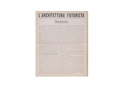 Sant'Elia, Antonio<br><br>Futurist architecture. ManifestoMilano, Direction of the Futurist Movement, [print: Stab. Tip. Taveggia - Milan], 1914 (11 J