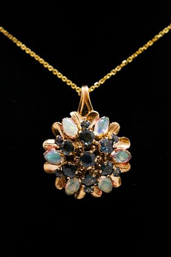 14K Yellow Gold Sapphire & Opal Pendant Necklace
