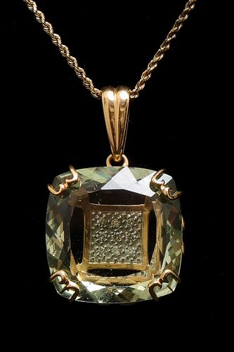 14K Yellow Gold Quartz & Diamond Pendant Necklace