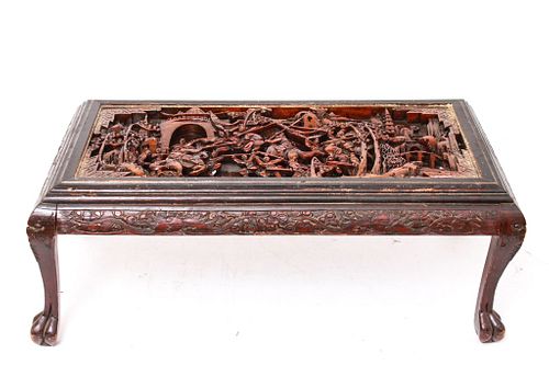 Asian Low Table w High Relief Carved Figural Scene