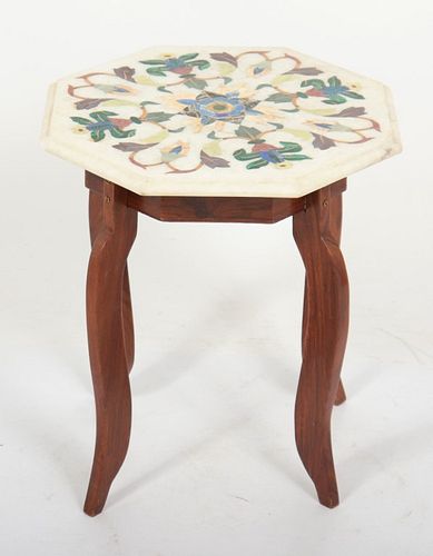 Hardstone Inlaid Marble Top Octagonal Side Table