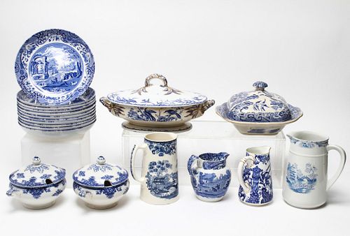Assorted Blue Transfer Porcelain Tableware, 19 Pcs