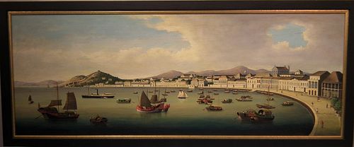 SIGNED CHINA TRADE OIL PAINTING - MACAO BAY