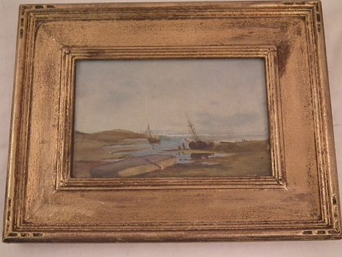 ANTIQUE PAINTING SAILBOATS ON SHORE
