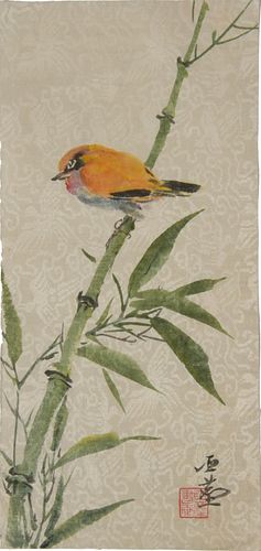 Chinese Painting with Birds & Bamboo by Wang Yachen