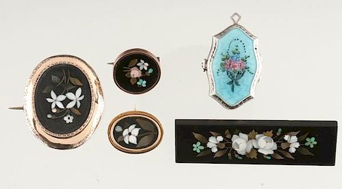 Pietra Dura Pins and Brooches PLUS a Guilloche Enameled Locket 
