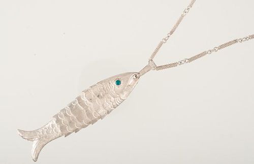 Articulated Fish Necklace with Turquoise Eyes in Silver, Mexico 