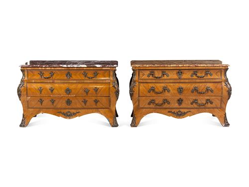 A Pair of Regence Style Bronze Mounted Marble-Top Commodes