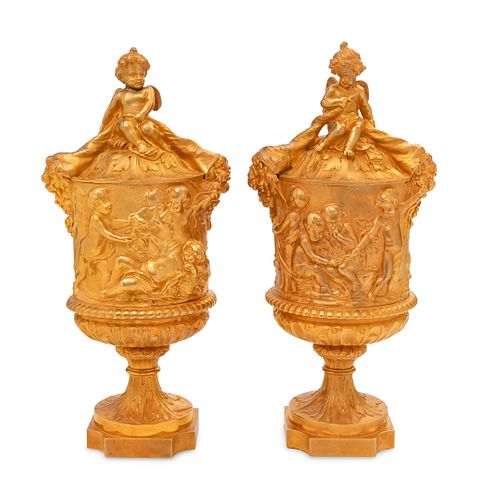 A Pair of Louis XV Style Gilt Bronze Covered Cache Pots