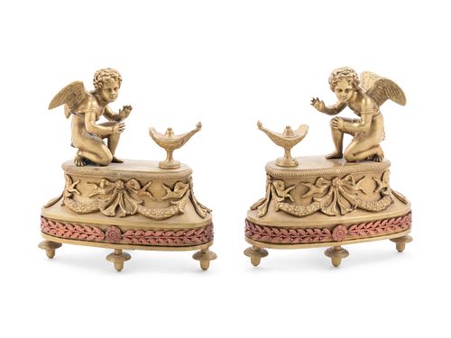 A Pair of Louis XV Style Patinated Bronze Figural Chenets