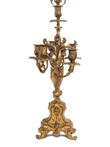 A Louis XV Style Gilt Bronze Five-Light Candelabrum Mounted as a Lamp