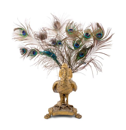 A Neoclassical Gilt Metal and Feathered Peacock Table Lamp