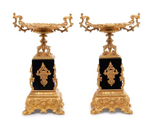 A Pair of Neoclassical Gilt Bronze and Granite Tazze