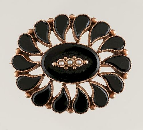 Mourning Brooch in 10 Karat with Onyx and Pearls  
