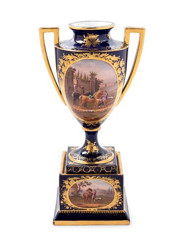 A Sevres Style Painted and Parcel Gilt Porcelain Urn on Stand