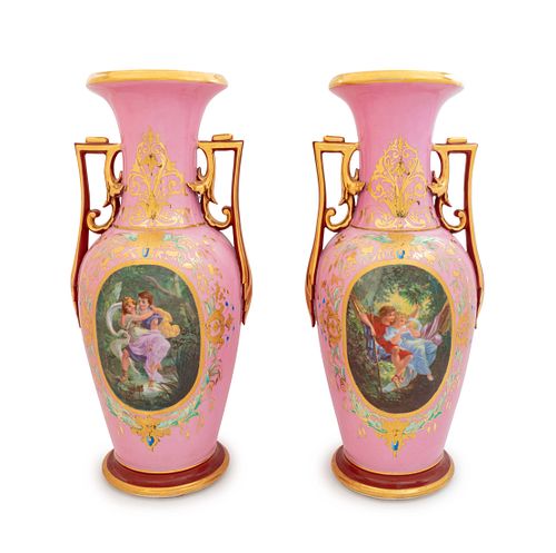 A Pair of Paris Porcelain Painted and Parcel Gilt Vases