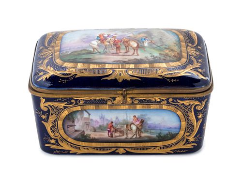 A Sevres Style Gilt Metal Mounted Painted and Parcel Gilt Porcelain Table Casket