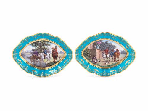 A Pair of Sevres Style Painted and Parcel Gilt Celeste Blue-Ground Porcelain Lozenge-Form Dishes