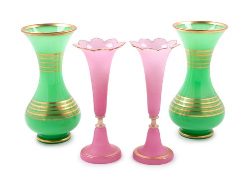 A French Gilt Metal Mounted Glass Table Lamp and Two Pairs of Opaline Glass Vases