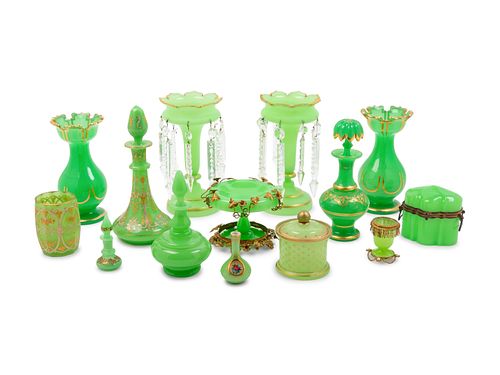Fifteen Green Opaline Glass Articles