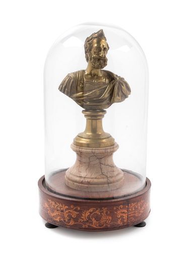 A Continental Bronze and Marble Bust with an Associated Glass Dome