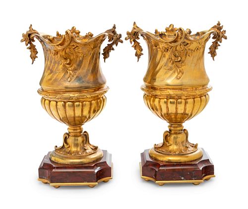 A Pair of Continental Gilt Metal and Marble Urns